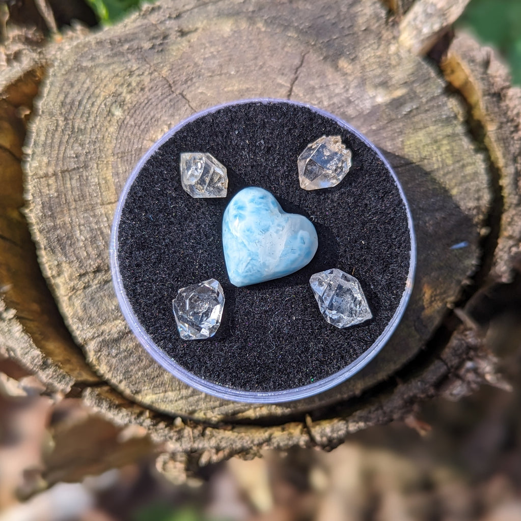 Larimar and Herkimer Diamond Natural Crystal set in Collectors Box~ Ethically Sourced in New York & Dominican Republic - Earth Family Crystals
