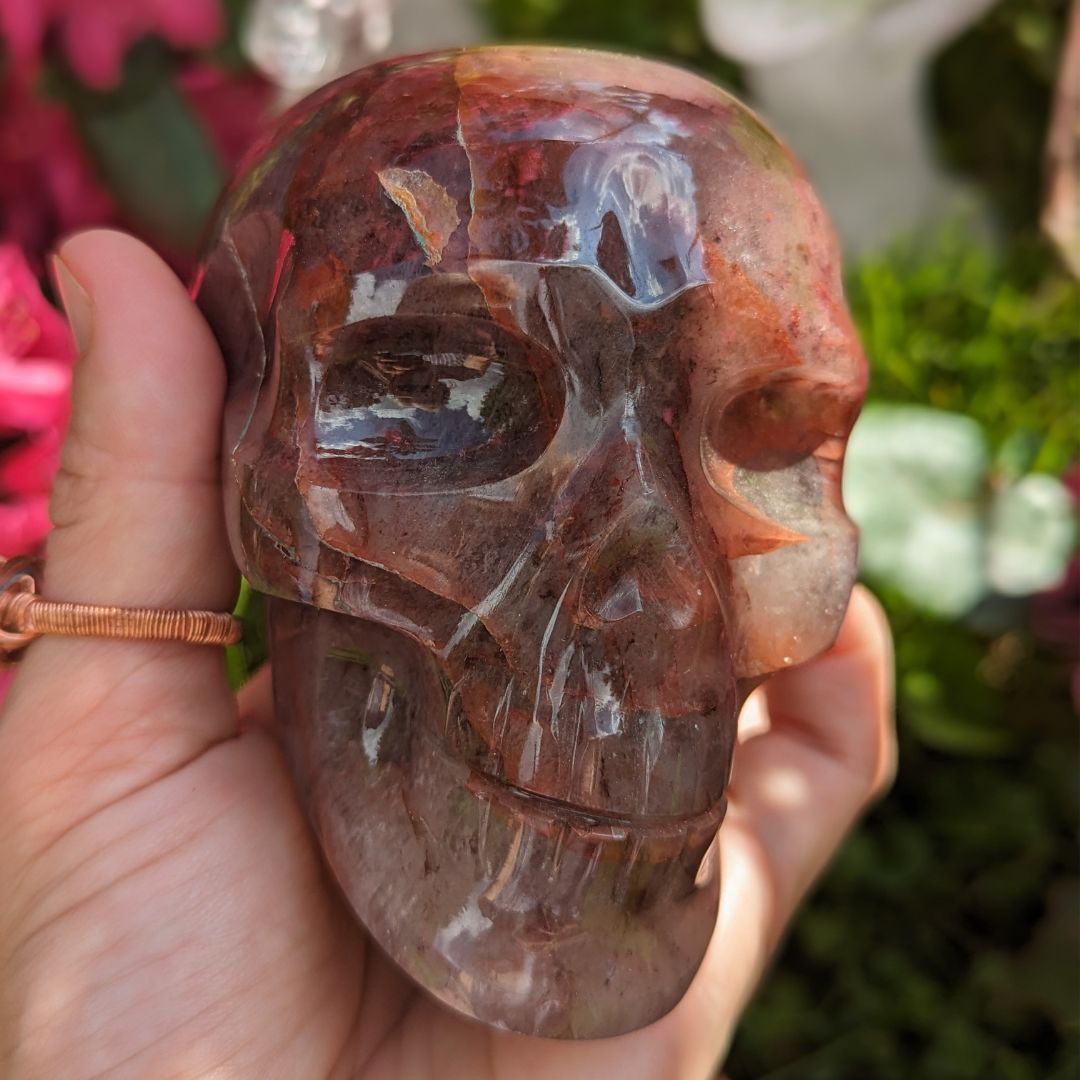 Strawberry and Fire Quartz Skull Carving, Mine Direct from Brazil