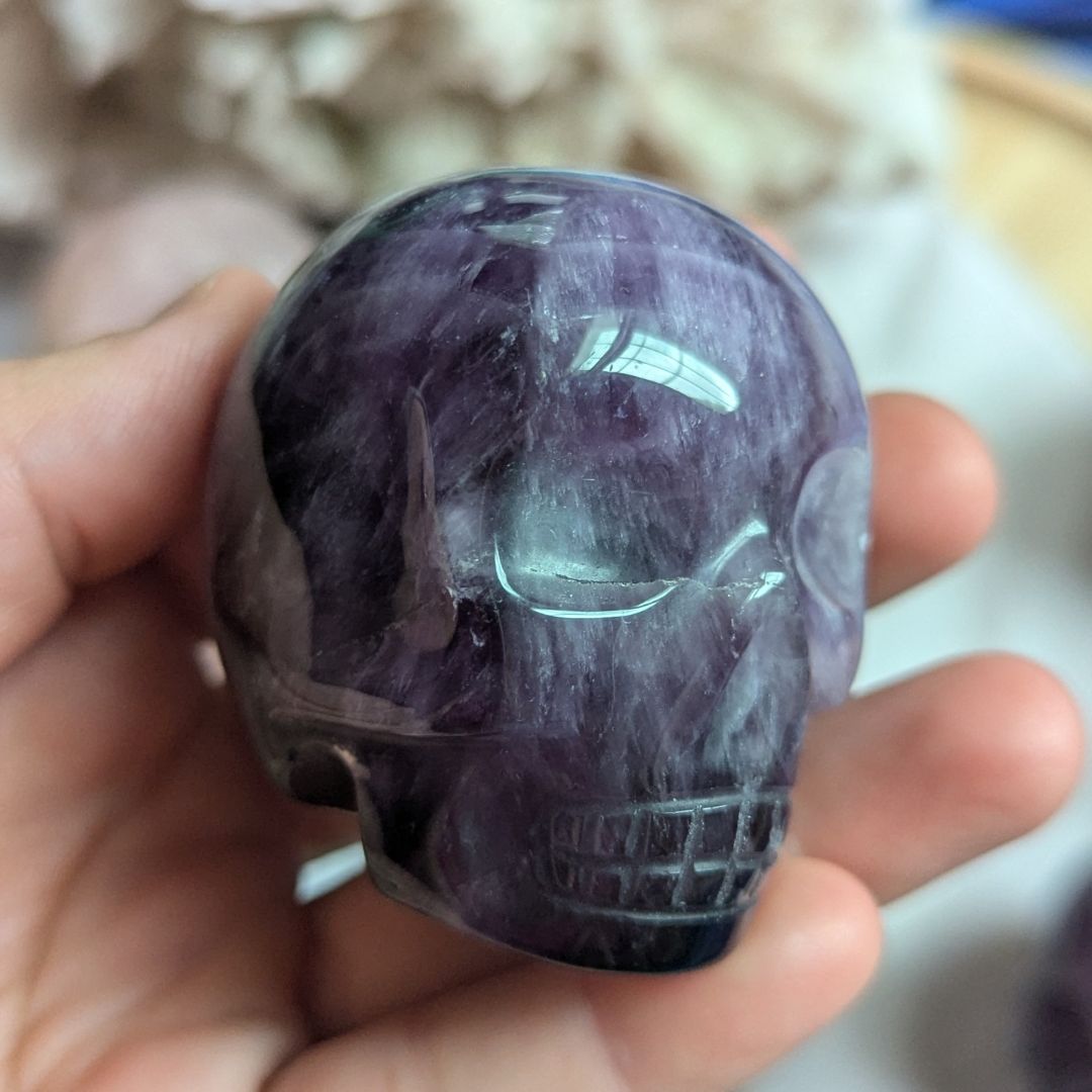 Brilliant Brazilian Amethyst Skull Carving with Rainbows~ Deepen Spiritual Connection