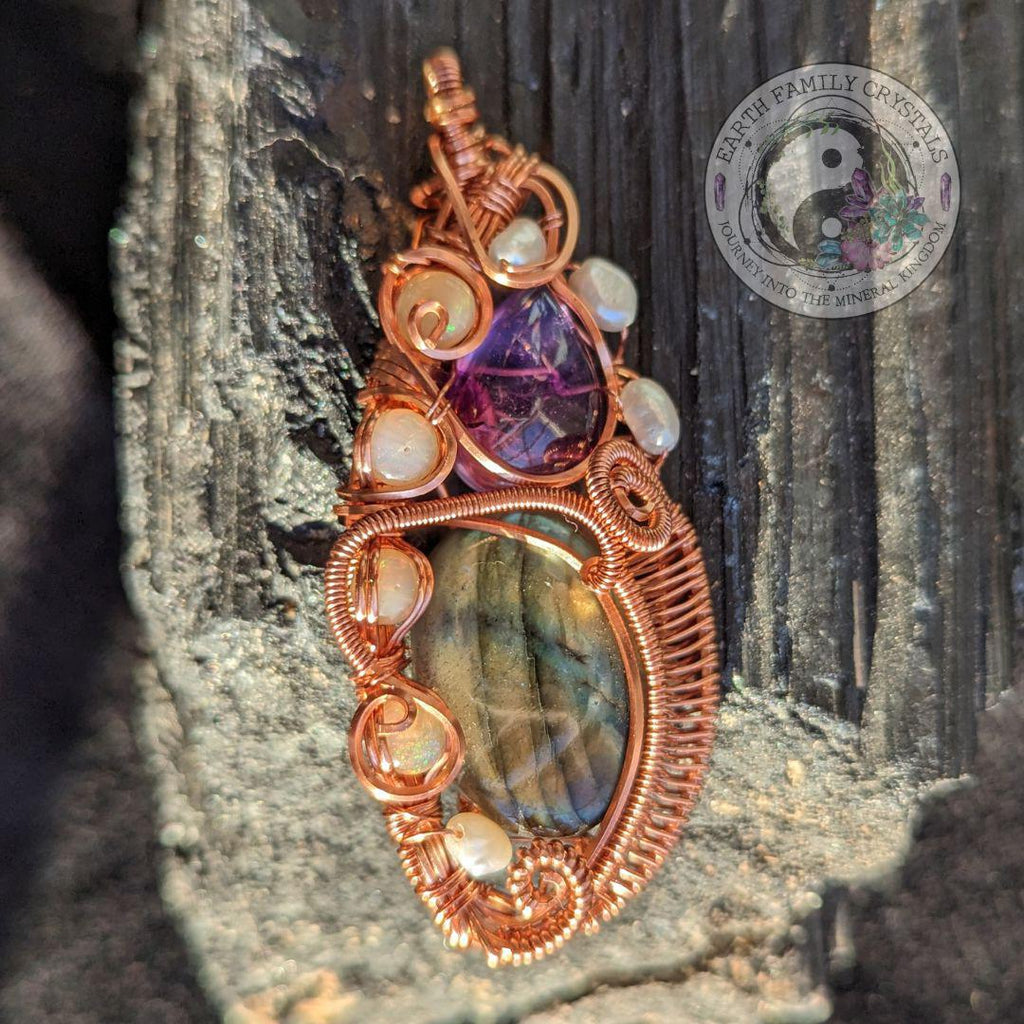 Elegant Labradorite with Rainbow Flash Pendant ~ Accents of Amethyst, Pearl and Opal ~ Divine Enlightened Energy - Earth Family Crystals