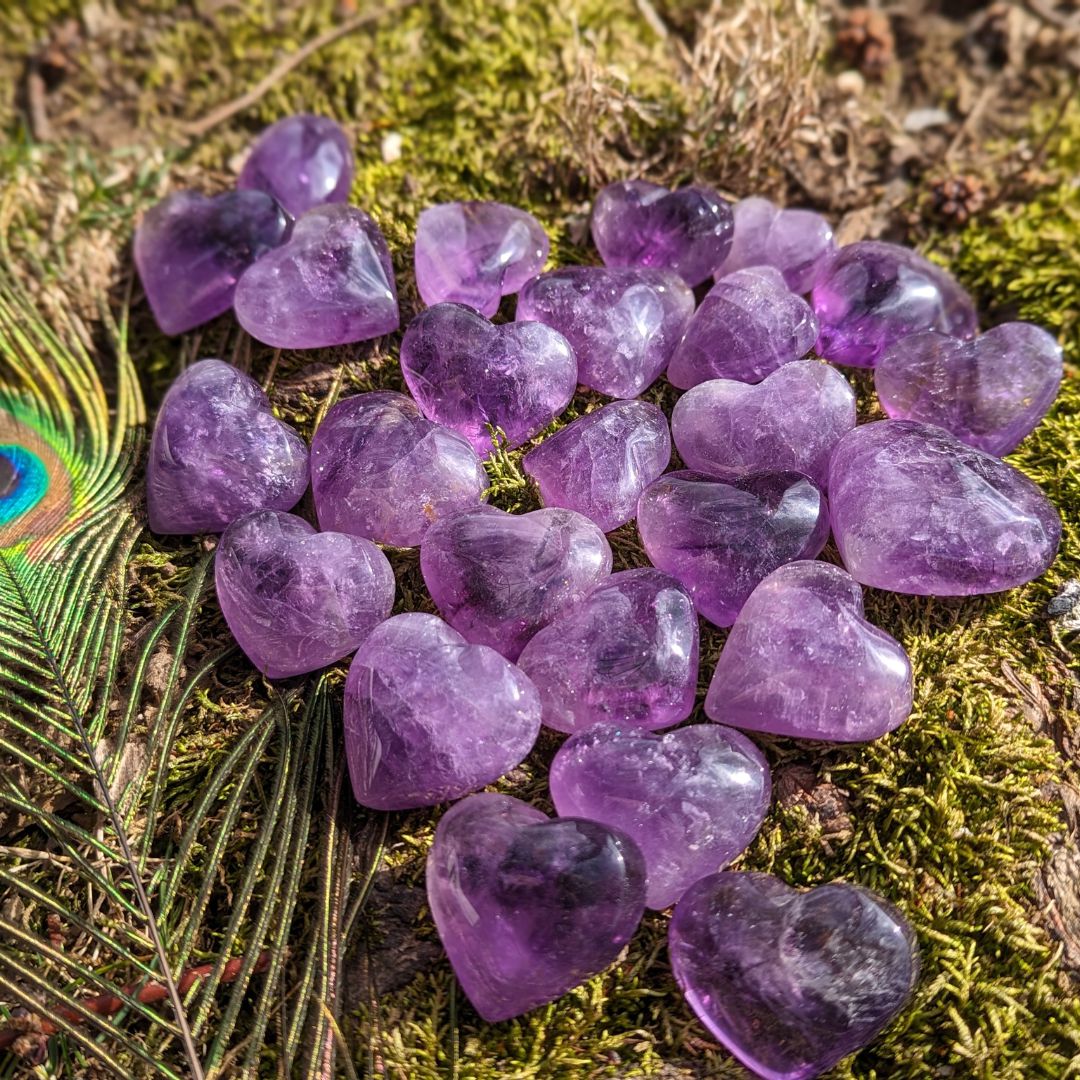 Set of Three Small Crystal Amethyst Heart Carvings with Soothing and Loving Vibrations - Earth Family Crystals