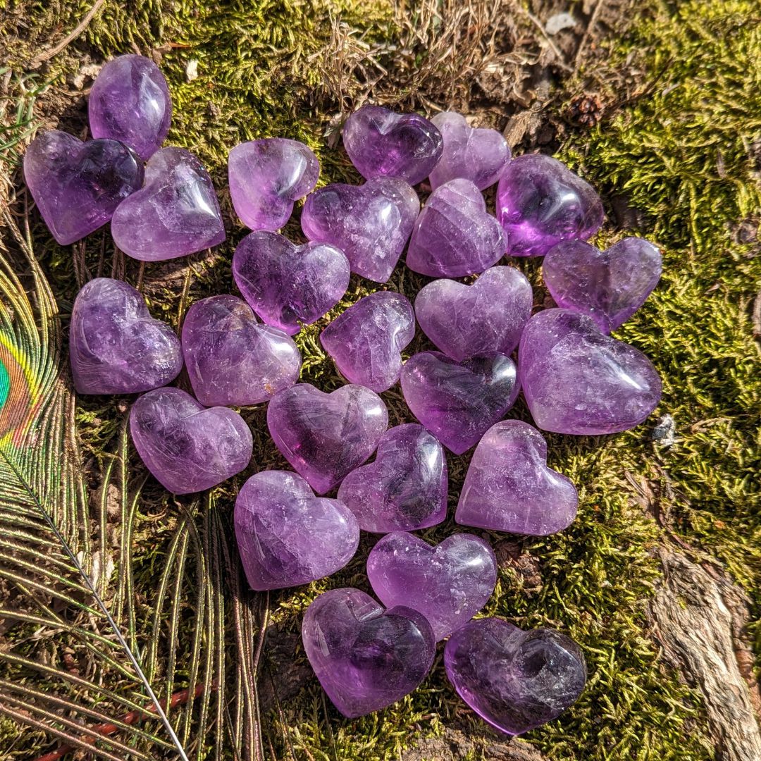 Set of Three Small Crystal Amethyst Heart Carvings with Soothing and Loving Vibrations - Earth Family Crystals