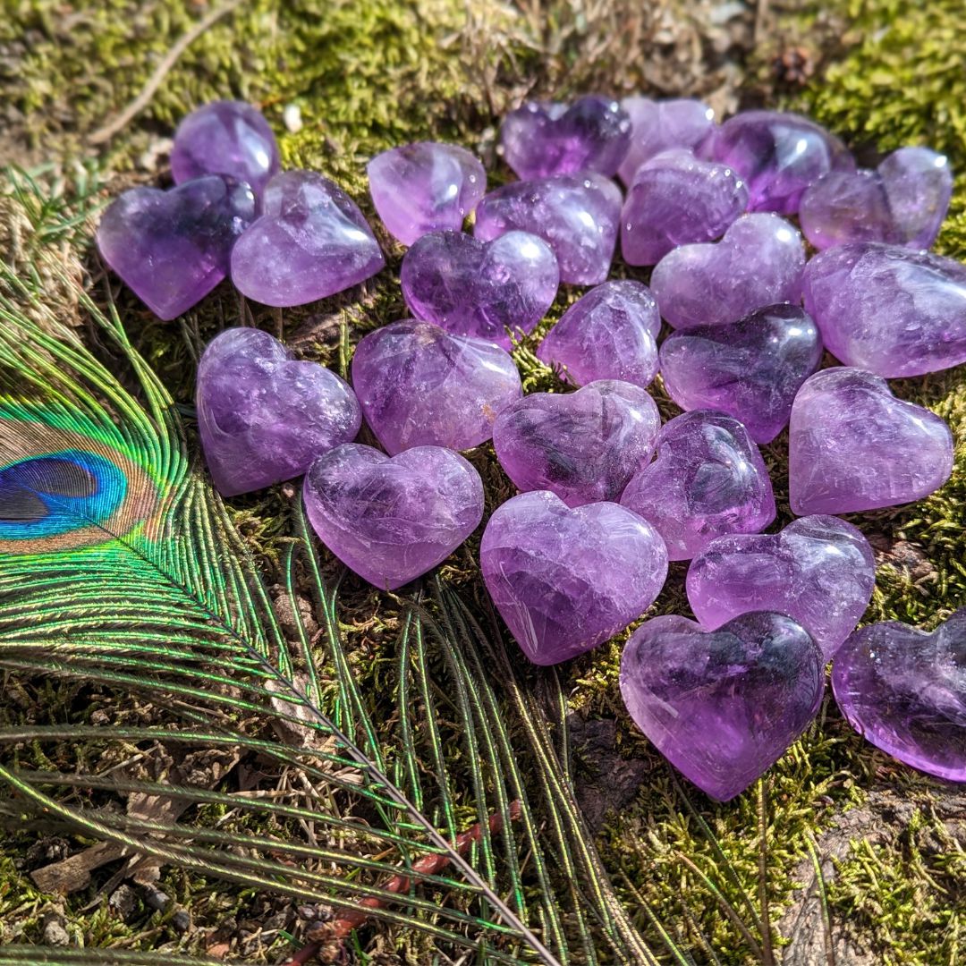 Set of Three Small Crystal Amethyst Heart Carvings with Soothing and Loving Vibrations - Earth Family Crystals