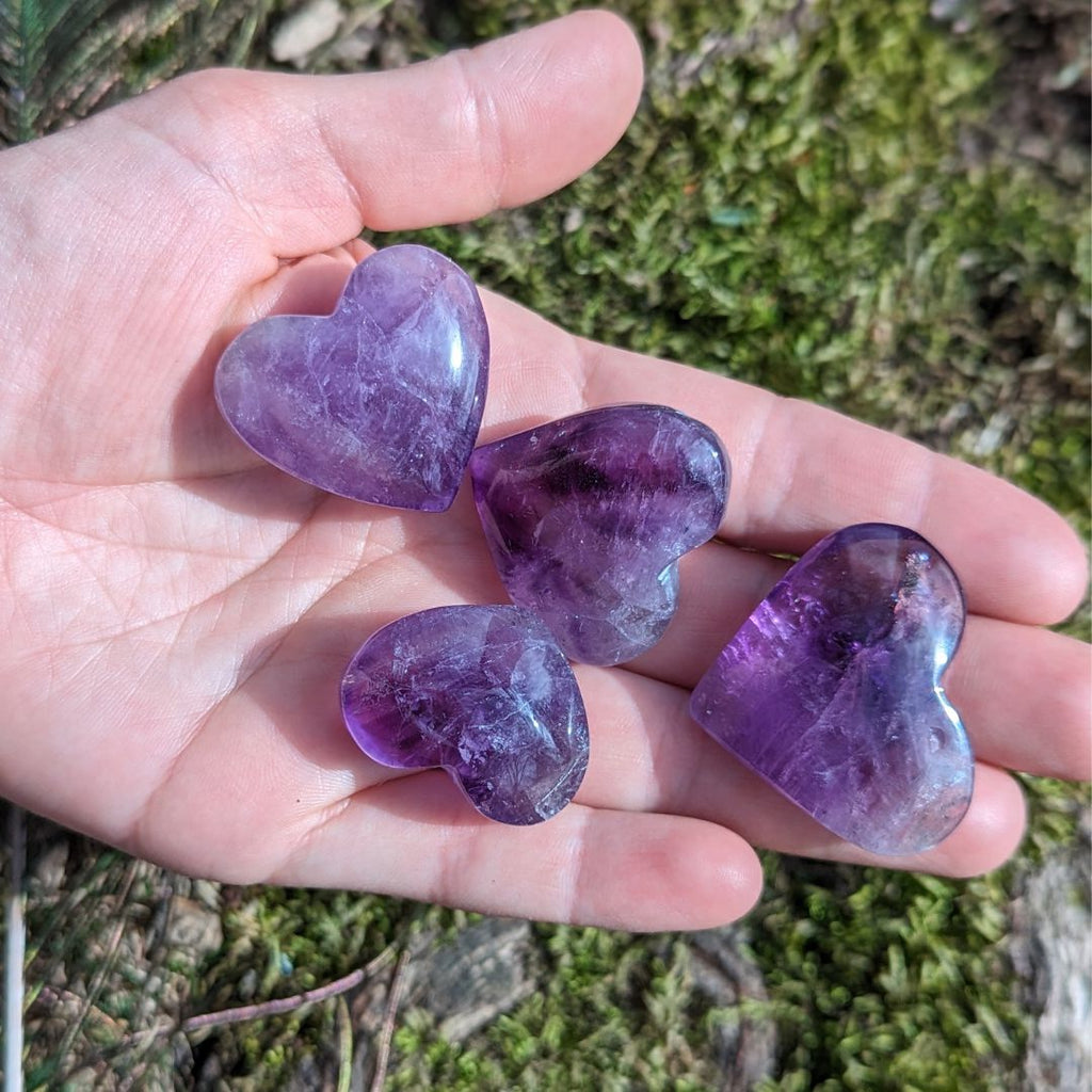 Set of Three Small Crystal Amethyst Heart Carvings with Soothing and Loving Vibrations - Earth Family Crystals