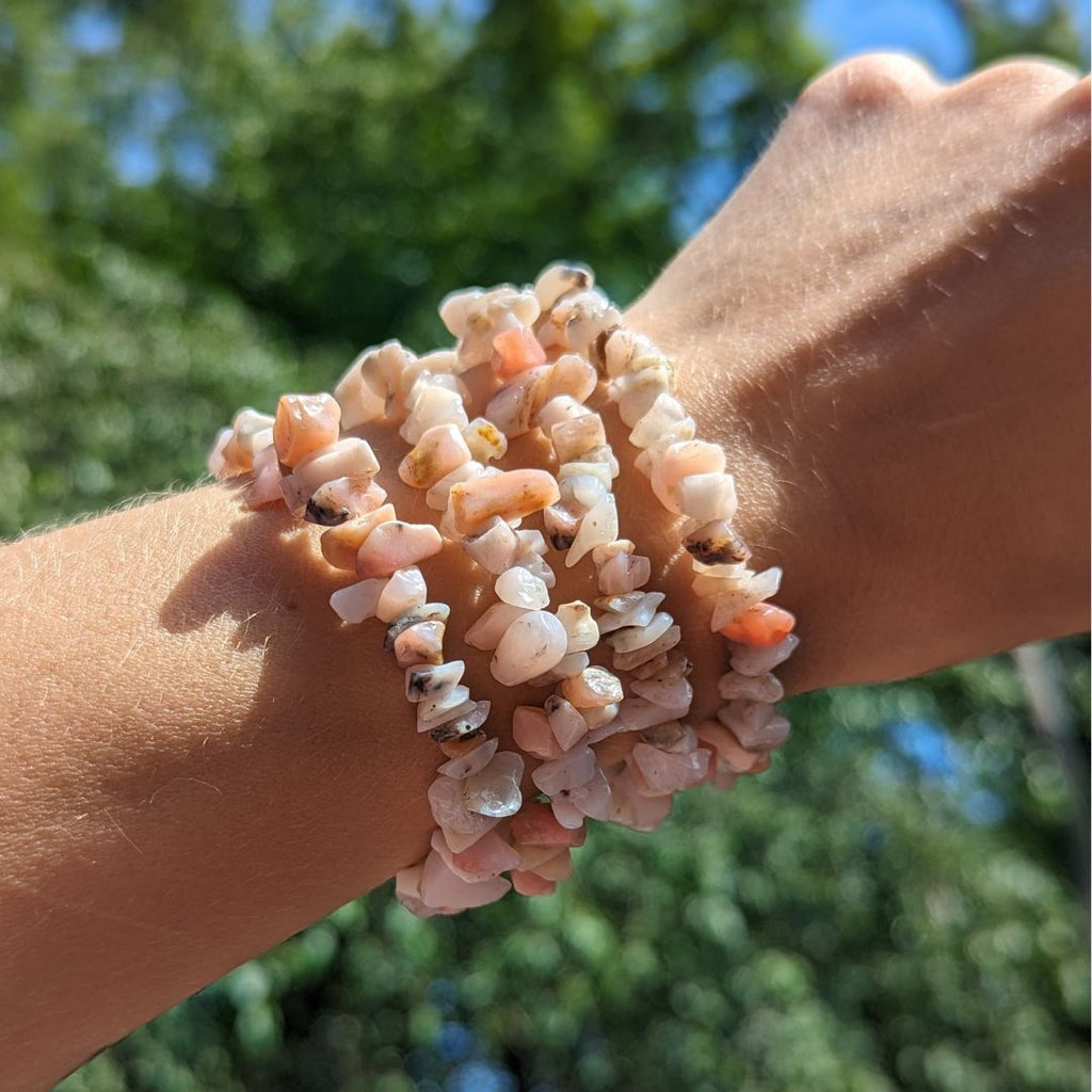 Beautiful Soft Pink Opal Tumbled Chip Bracelet on Stretch Cord - Earth Family Crystals
