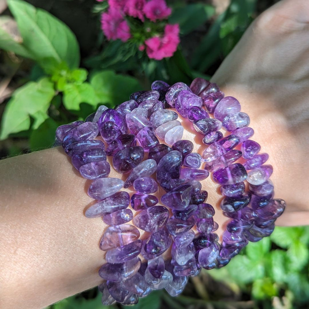 Purple Amethyst Tumbled Chip Beaded Bracelet on Stretch Cord - Earth Family Crystals