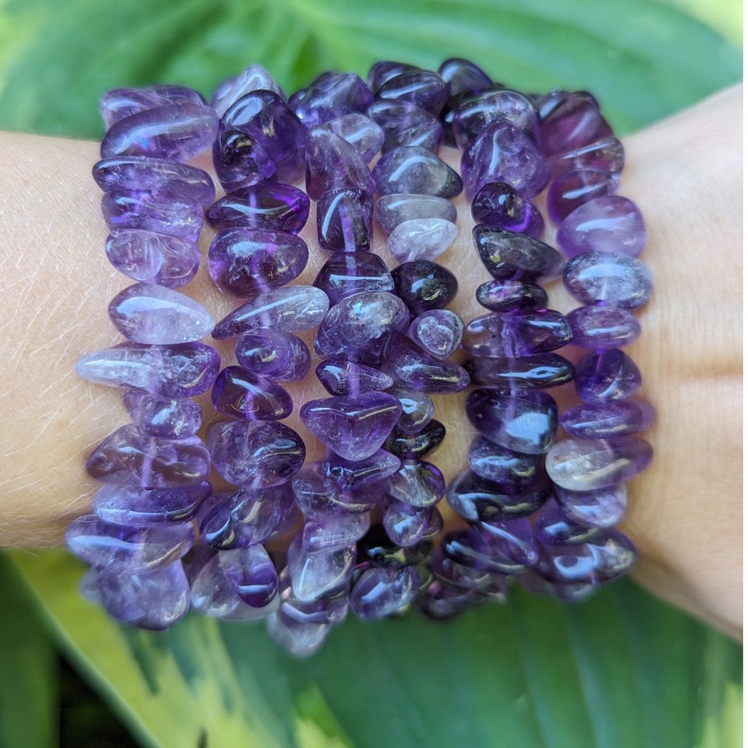 Purple Amethyst Tumbled Chip Beaded Bracelet on Stretch Cord - Earth Family Crystals