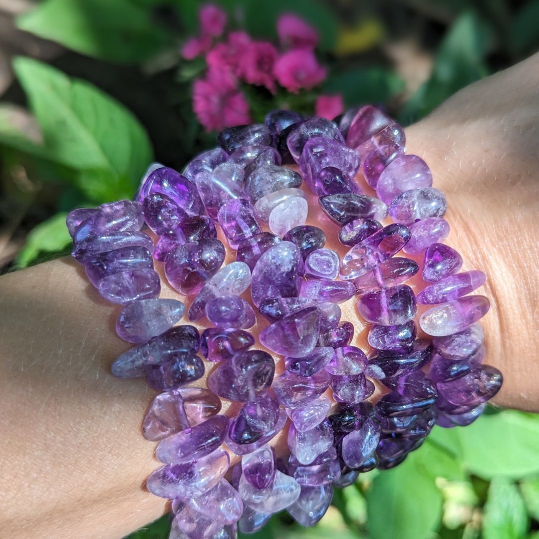 Purple Amethyst Tumbled Chip Beaded Bracelet on Stretch Cord - Earth Family Crystals