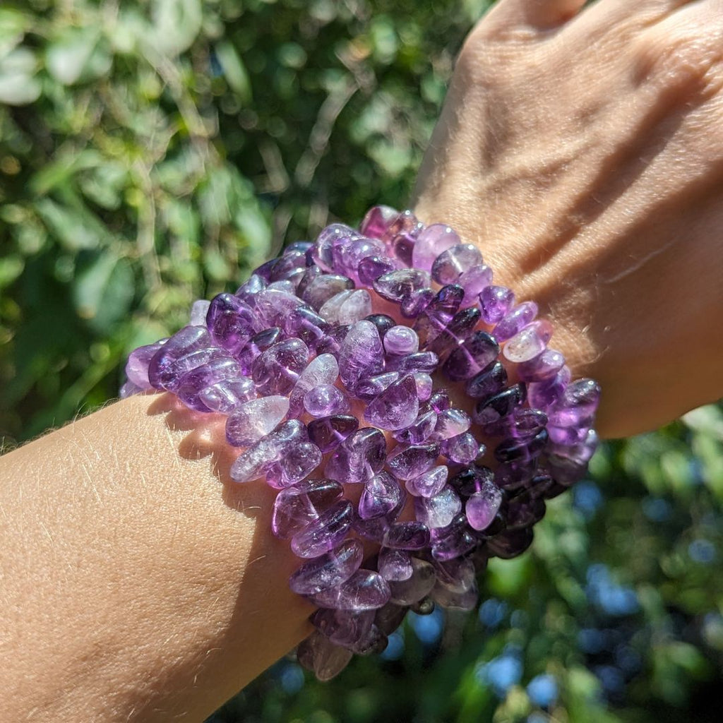 Purple Amethyst Tumbled Chip Beaded Bracelet on Stretch Cord - Earth Family Crystals