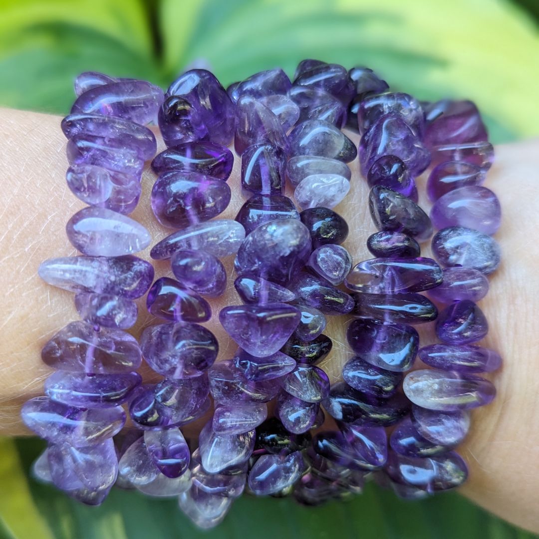 Purple Amethyst Tumbled Chip Beaded Bracelet on Stretch Cord - Earth Family Crystals