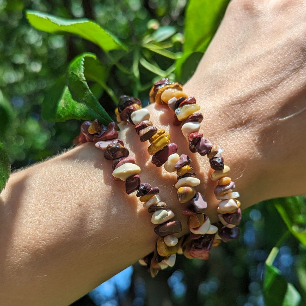 Red, Yellow and White Mookaite Jasper Nugget Chip Bracelet with Grounding CHI Energies - Earth Family Crystals