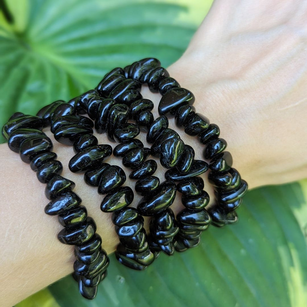 Protective Black Tourmaline Tumbled Chunky Chip Bracelet on Stretch Cord - Earth Family Crystals