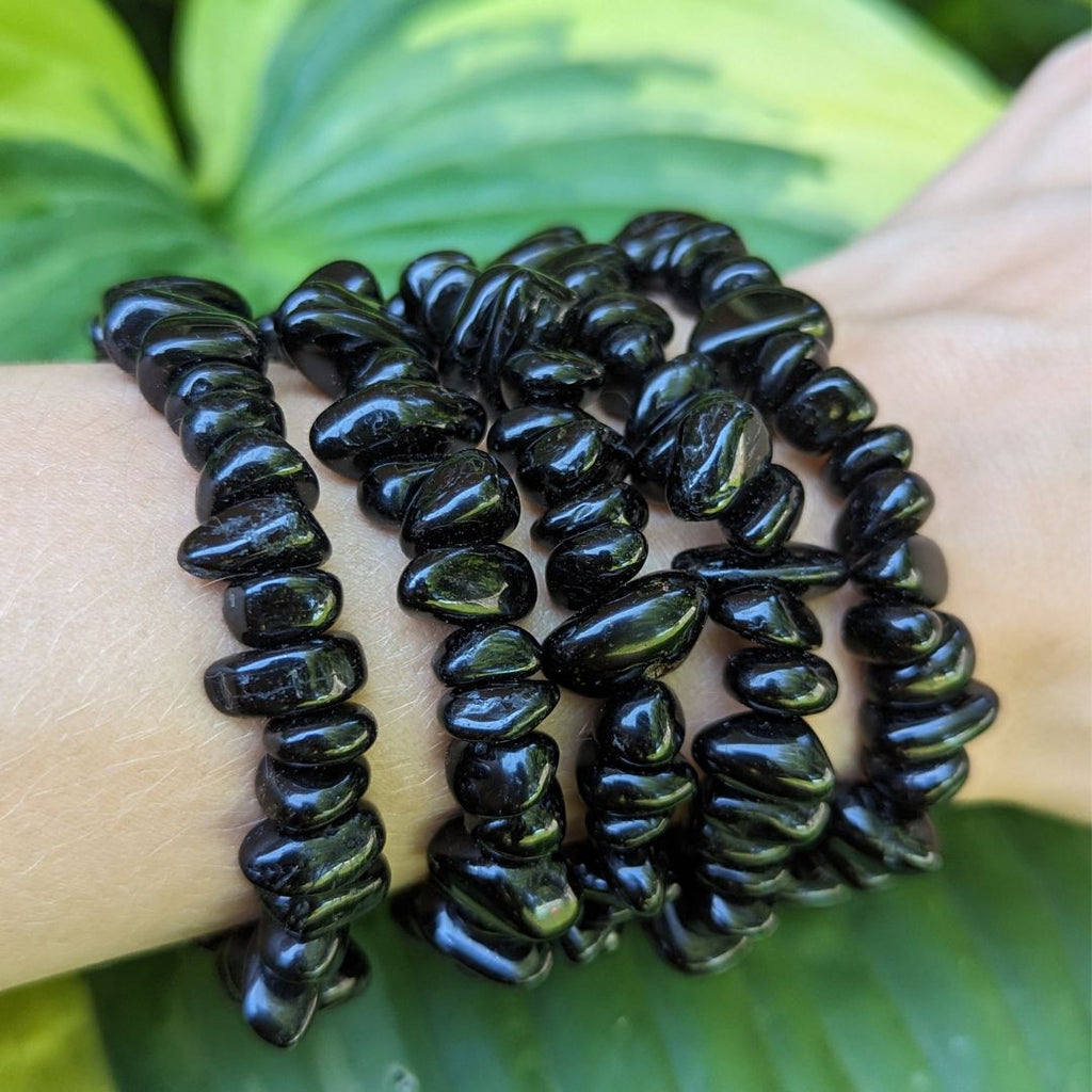 Protective Black Tourmaline Tumbled Chunky Chip Bracelet on Stretch Cord - Earth Family Crystals