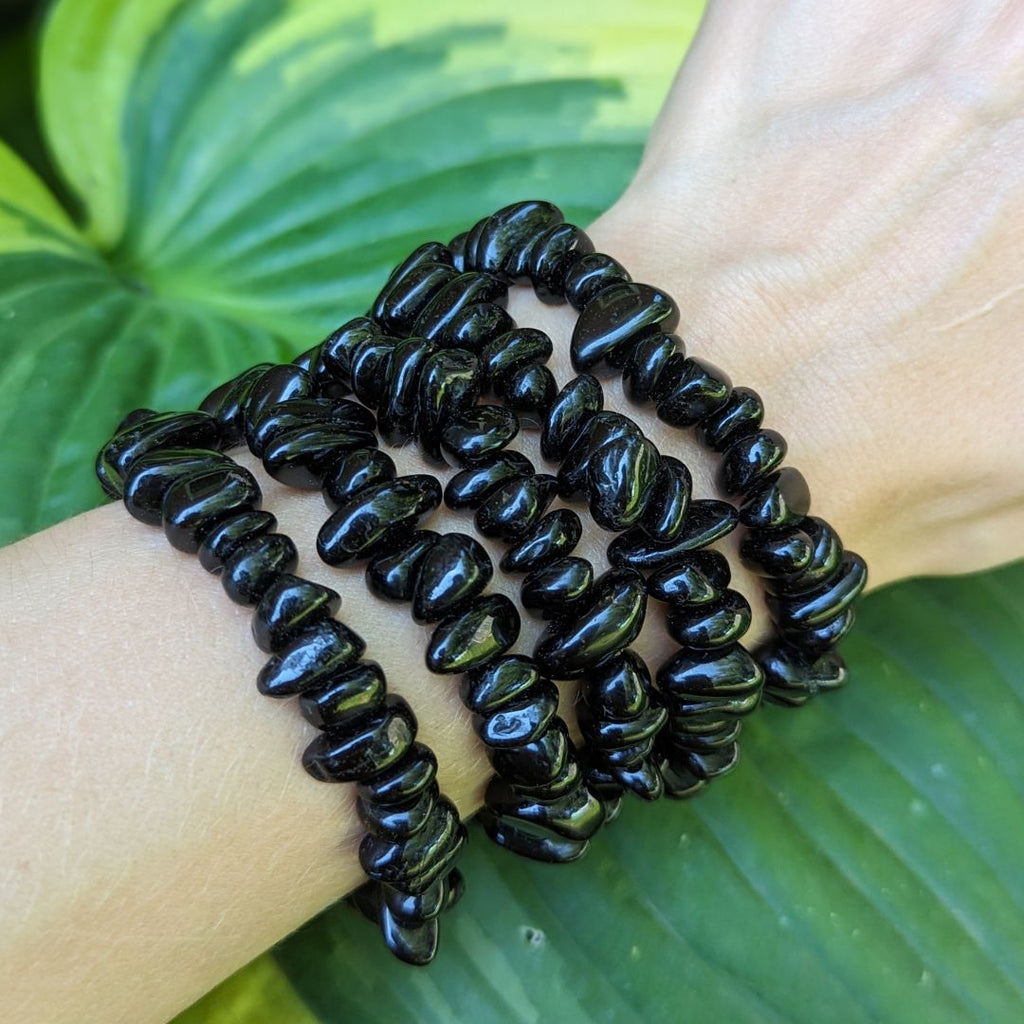 Protective Black Tourmaline Tumbled Chunky Chip Bracelet on Stretch Cord - Earth Family Crystals