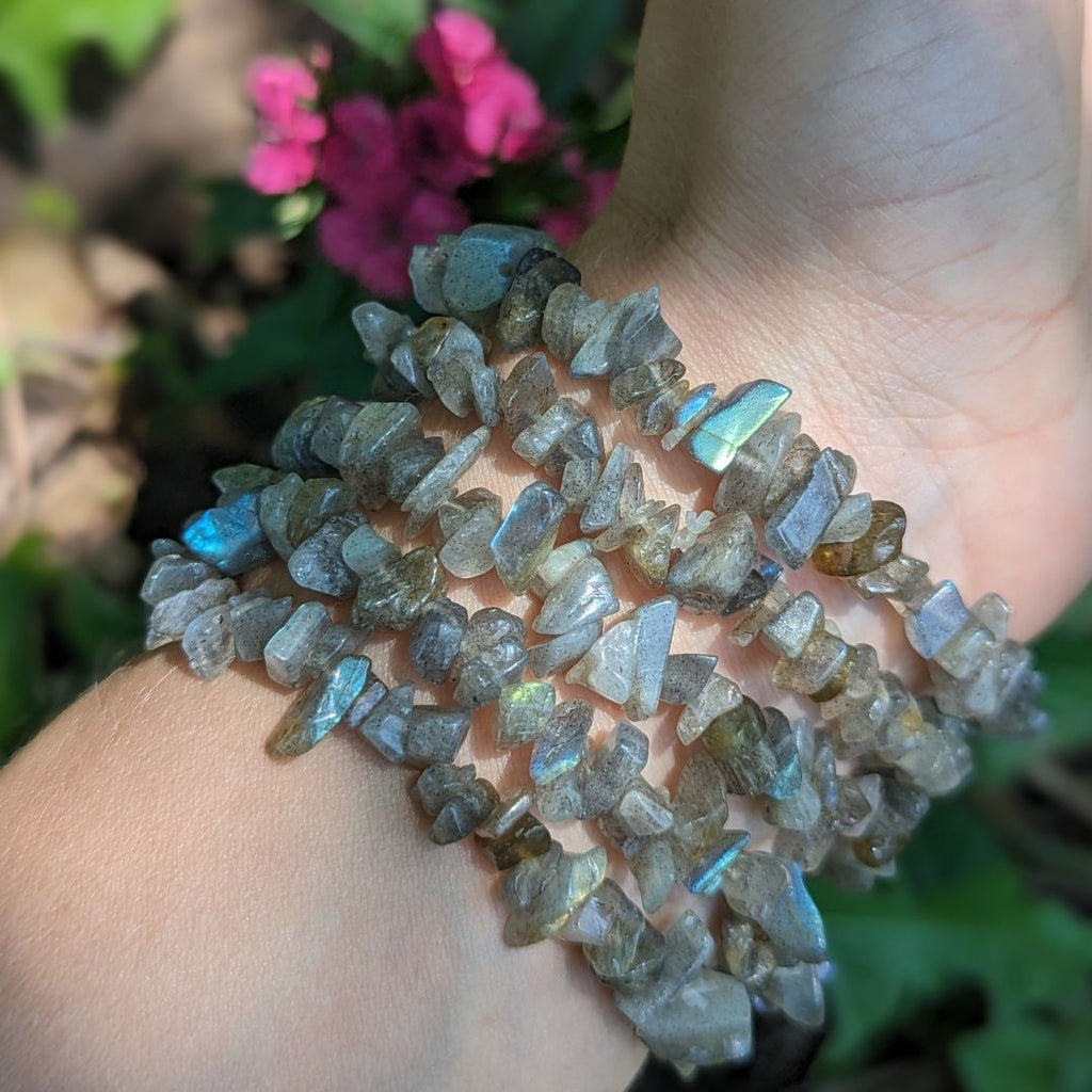 Flashy Labradorite Chip Beaded Gemstone Bracelet on Stretchy Cord - Earth Family Crystals