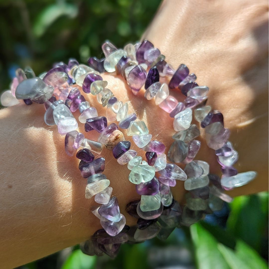 Rainbow Fluorite Chip Bracelet on Stretch Cord ~ Enhanced Memory and Stimulated Third Eye Activations - Earth Family Crystals