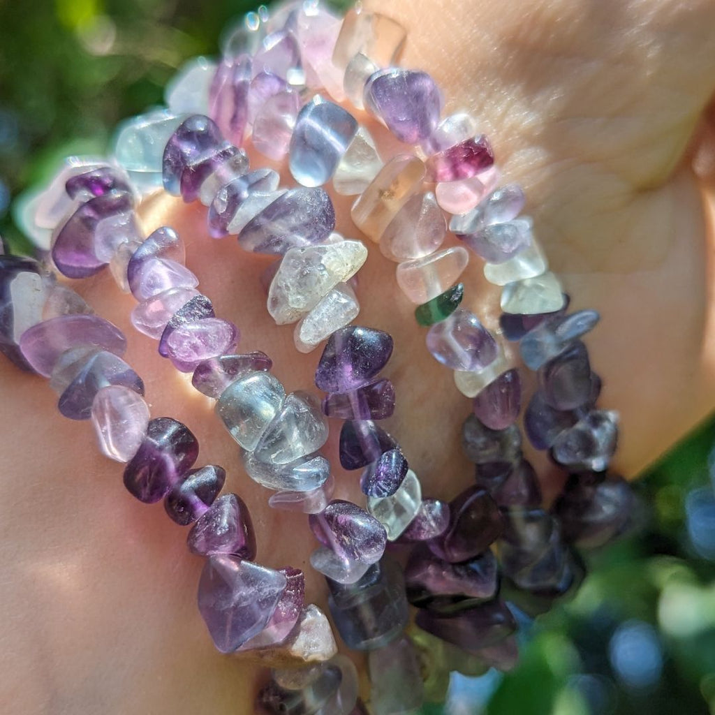 Rainbow Fluorite Chip Bracelet on Stretch Cord ~ Enhanced Memory and Stimulated Third Eye Activations - Earth Family Crystals