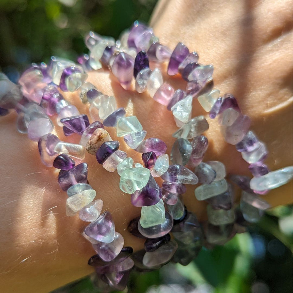 Rainbow Fluorite Chip Bracelet on Stretch Cord ~ Enhanced Memory and Stimulated Third Eye Activations - Earth Family Crystals