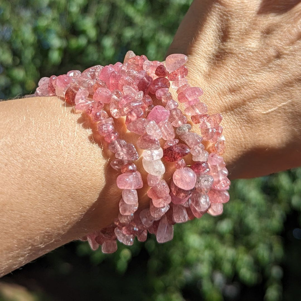 Sweet Pink Strawberry Quartz Tumbled Chip Bracelet on Stretch Cord ~ Awakening Energy - Earth Family Crystals