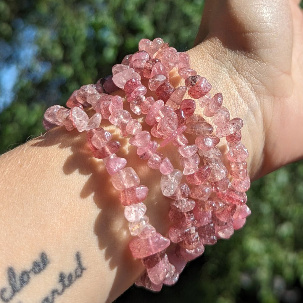 Sweet Pink Strawberry Quartz Tumbled Chip Bracelet on Stretch Cord ~ Awakening Energy - Earth Family Crystals