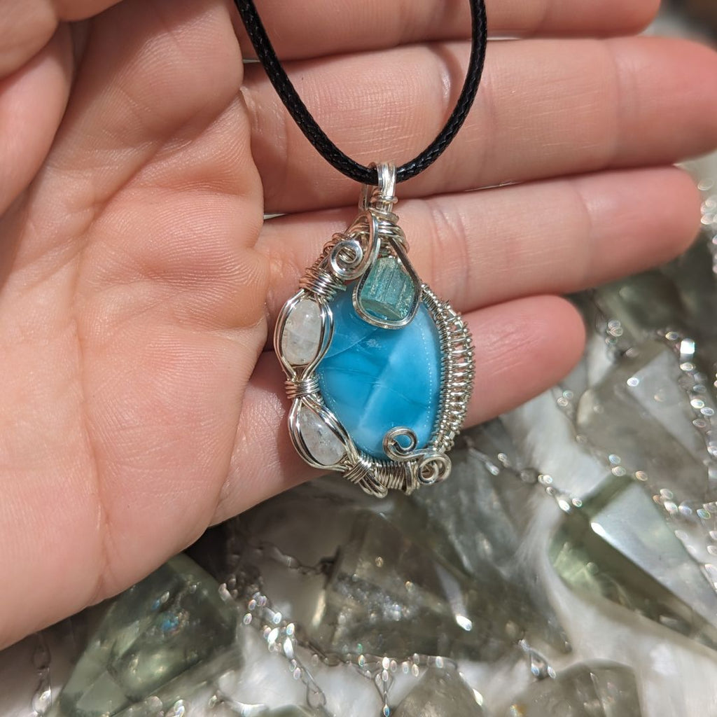 Aqua Dragon Vibes ~Wire Wrapped Pendant with Larimar and Aquamarine and Moonstone Accents - Earth Family Crystals