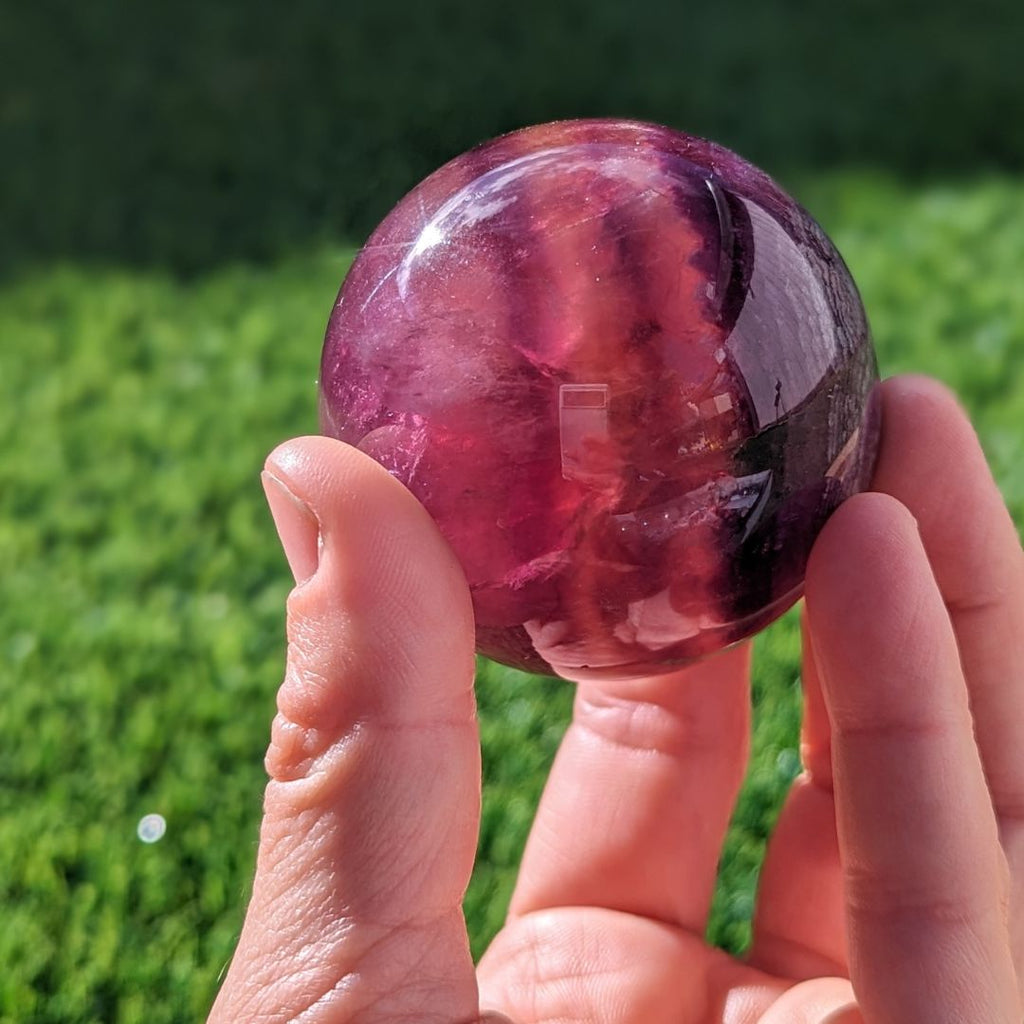 Pink and Yellow Candy Fluorite Sphere Carving with Banding ~ Sweet and Loving Tones~ - Earth Family Crystals
