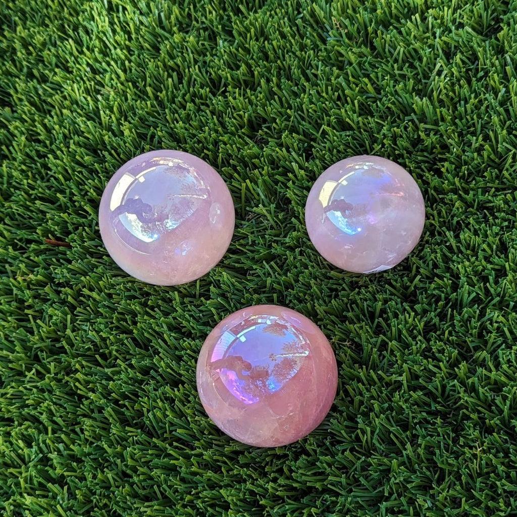 Angel Aura Rose Quartz Spheres ~ Rainbow Aura Coating on Rosey Pink Rose Quartz - Earth Family Crystals