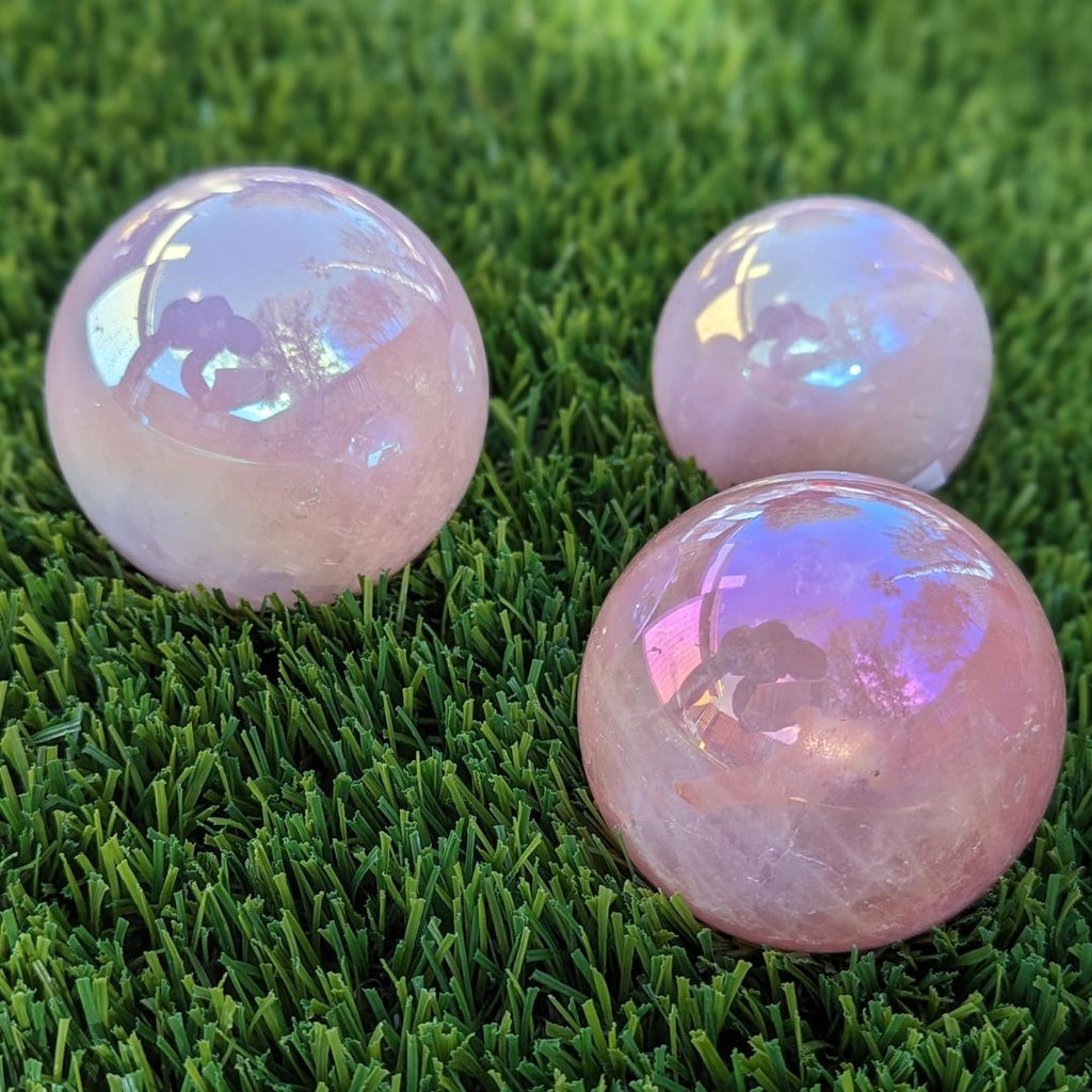 Angel Aura Rose Quartz Spheres ~ Rainbow Aura Coating on Rosey Pink Rose Quartz - Earth Family Crystals