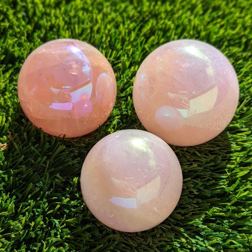 Angel Aura Rose Quartz Spheres ~ Rainbow Aura Coating on Rosey Pink Rose Quartz - Earth Family Crystals