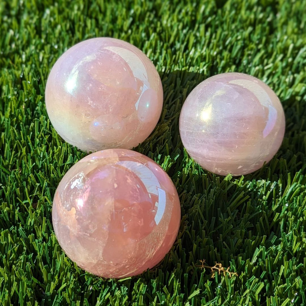 Angel Aura Rose Quartz Spheres ~ Rainbow Aura Coating on Rosey Pink Rose Quartz - Earth Family Crystals