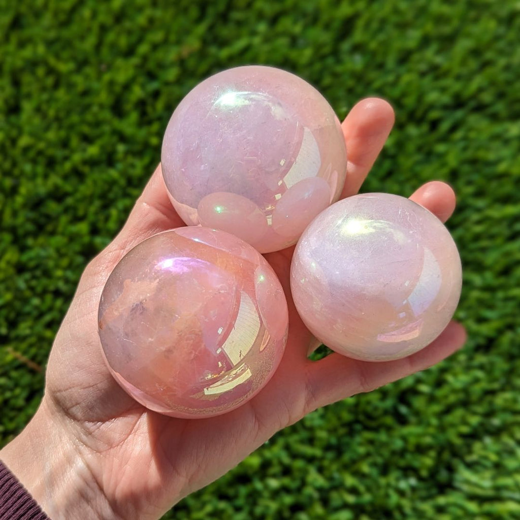 Angel Aura Rose Quartz Spheres ~ Rainbow Aura Coating on Rosey Pink Rose Quartz - Earth Family Crystals