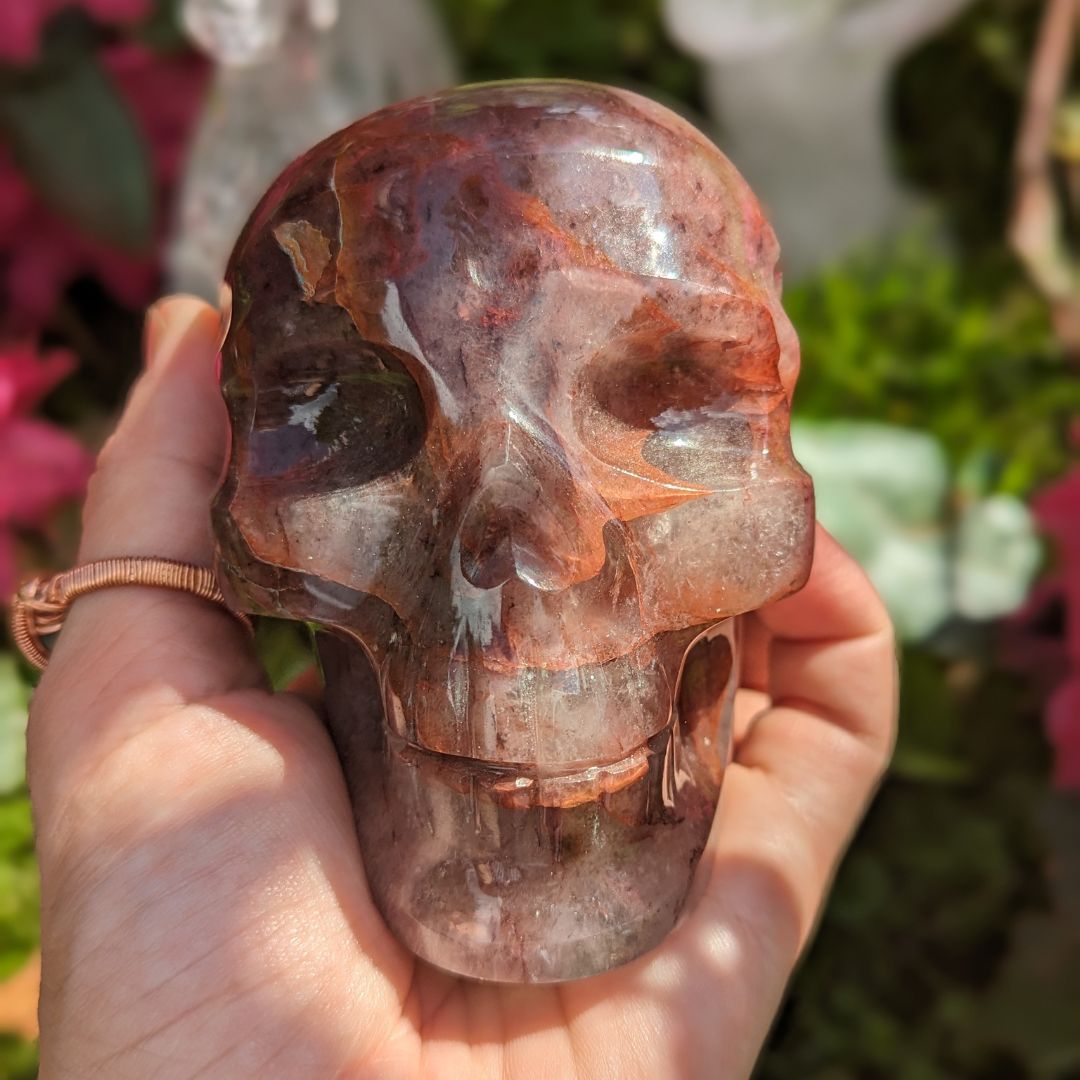 Strawberry and Fire Quartz Skull Carving, Mine Direct from Brazil
