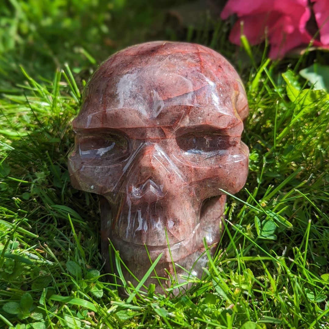 Strawberry and Fire Quartz Luxe Skull Carving, 1.17 Kilos, Mine Direct from Brazil