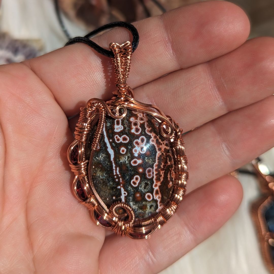 Ocean Jasper Copper Wire Wrapped Pendant ~ Gorgeous Natural Tones with Red Garnet Gemstone Accents