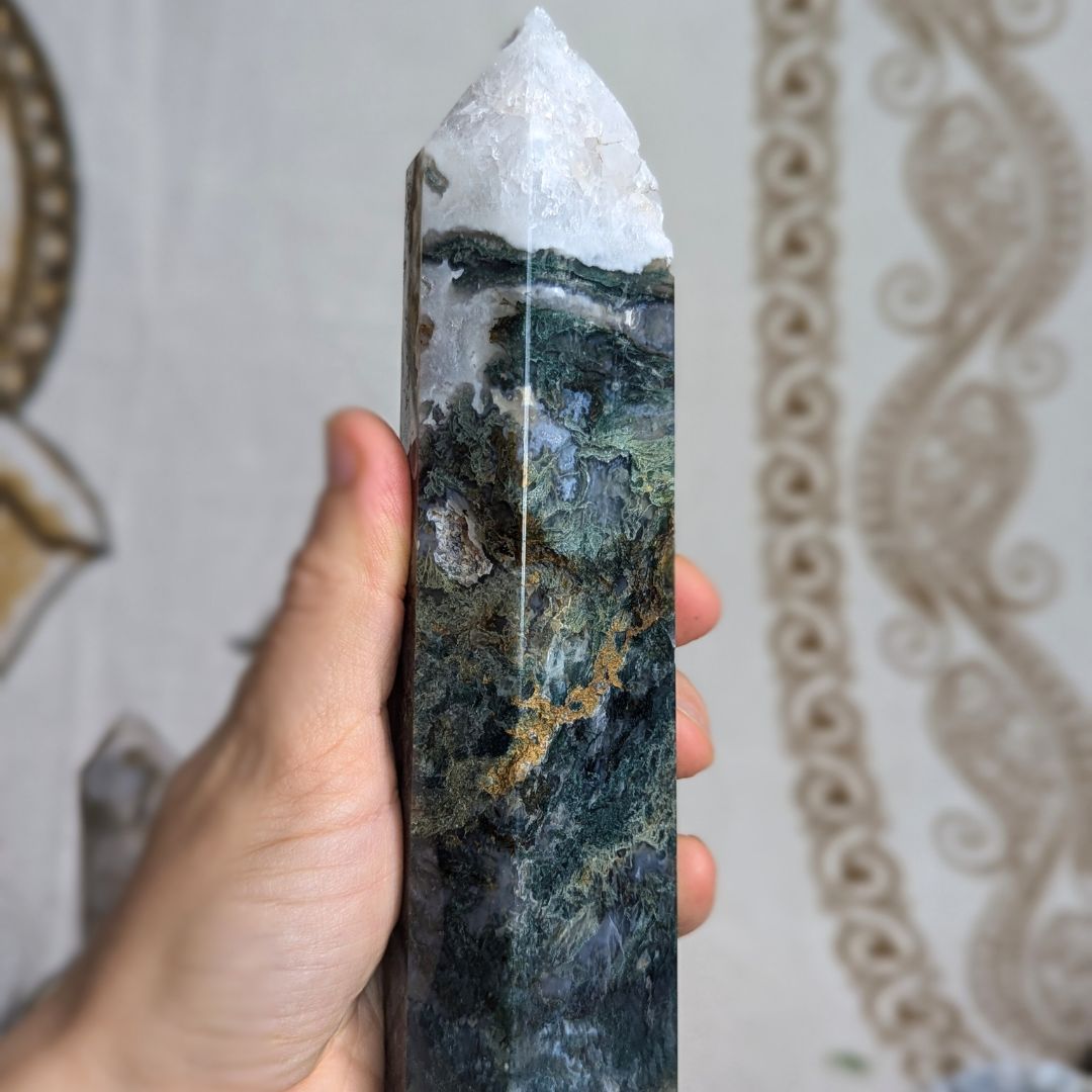 Genuine Moss Agate Tower Carving with Quartz Druzy