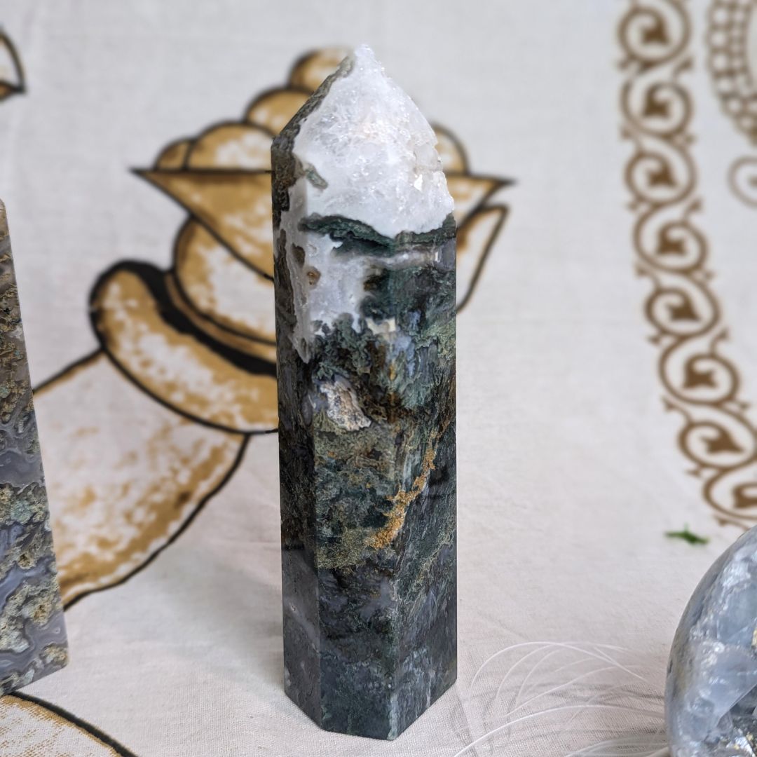 Genuine Moss Agate Tower Carving with Quartz Druzy