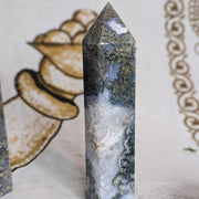 Gorgeous Genuine Moss Agate Tower Carving with Quartz Inclusions