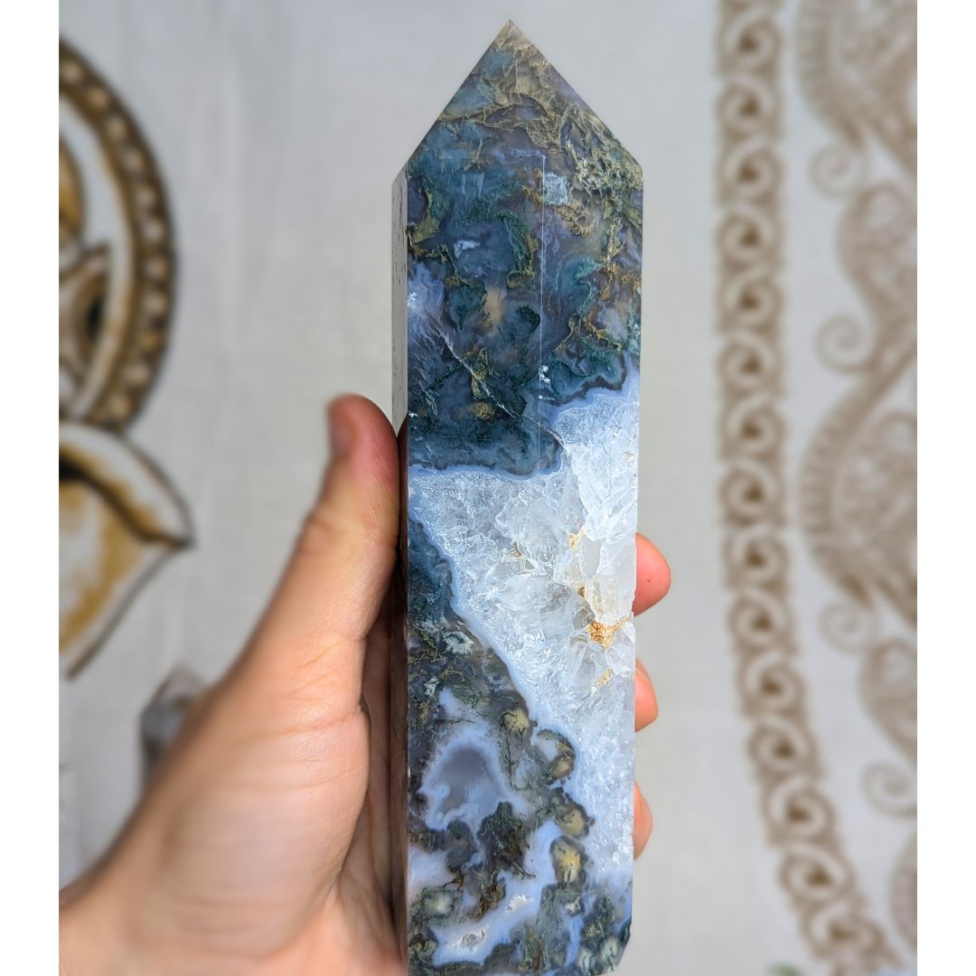 Gorgeous Genuine Moss Agate Tower Carving with Quartz Inclusions