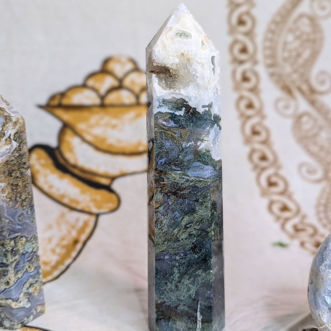 Natural Moss Agate with Quartz Caves ~ Gorgeous, calming frequency