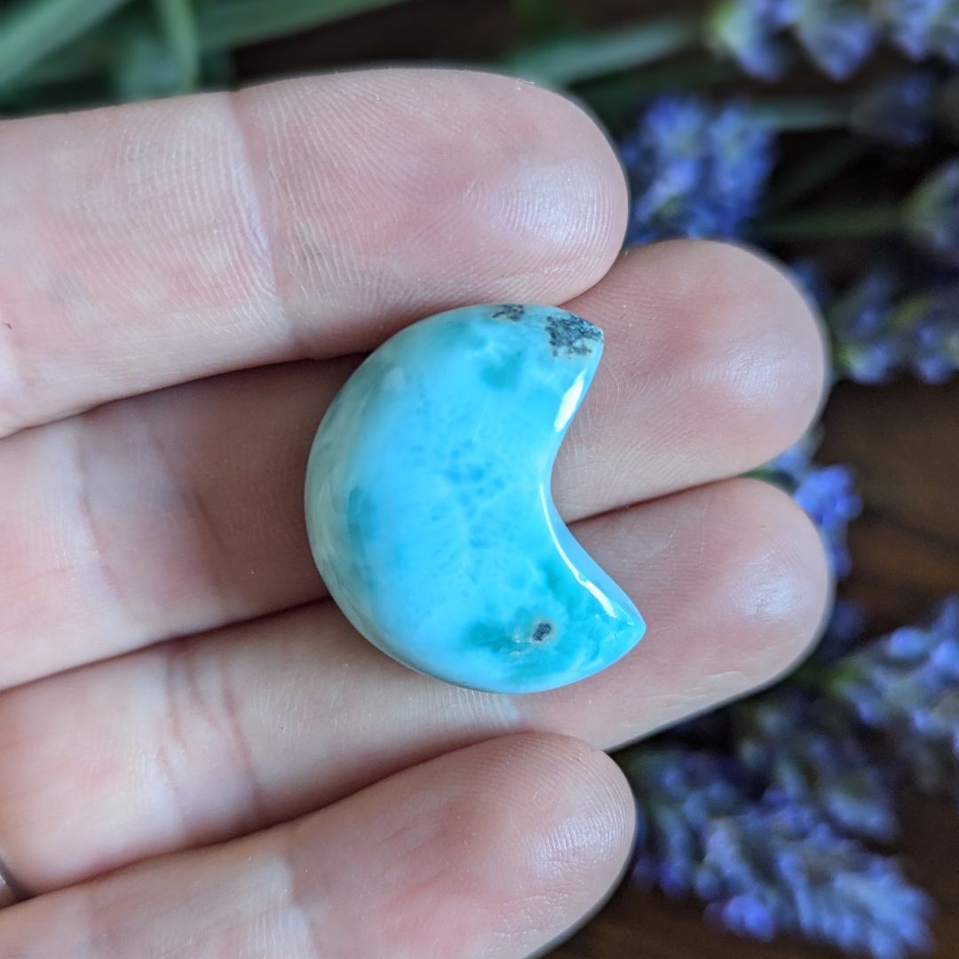 Crescent Moon Grade A Larimar Heart Carving Mini from the Dominican Republic ~ Feminine Water Energies