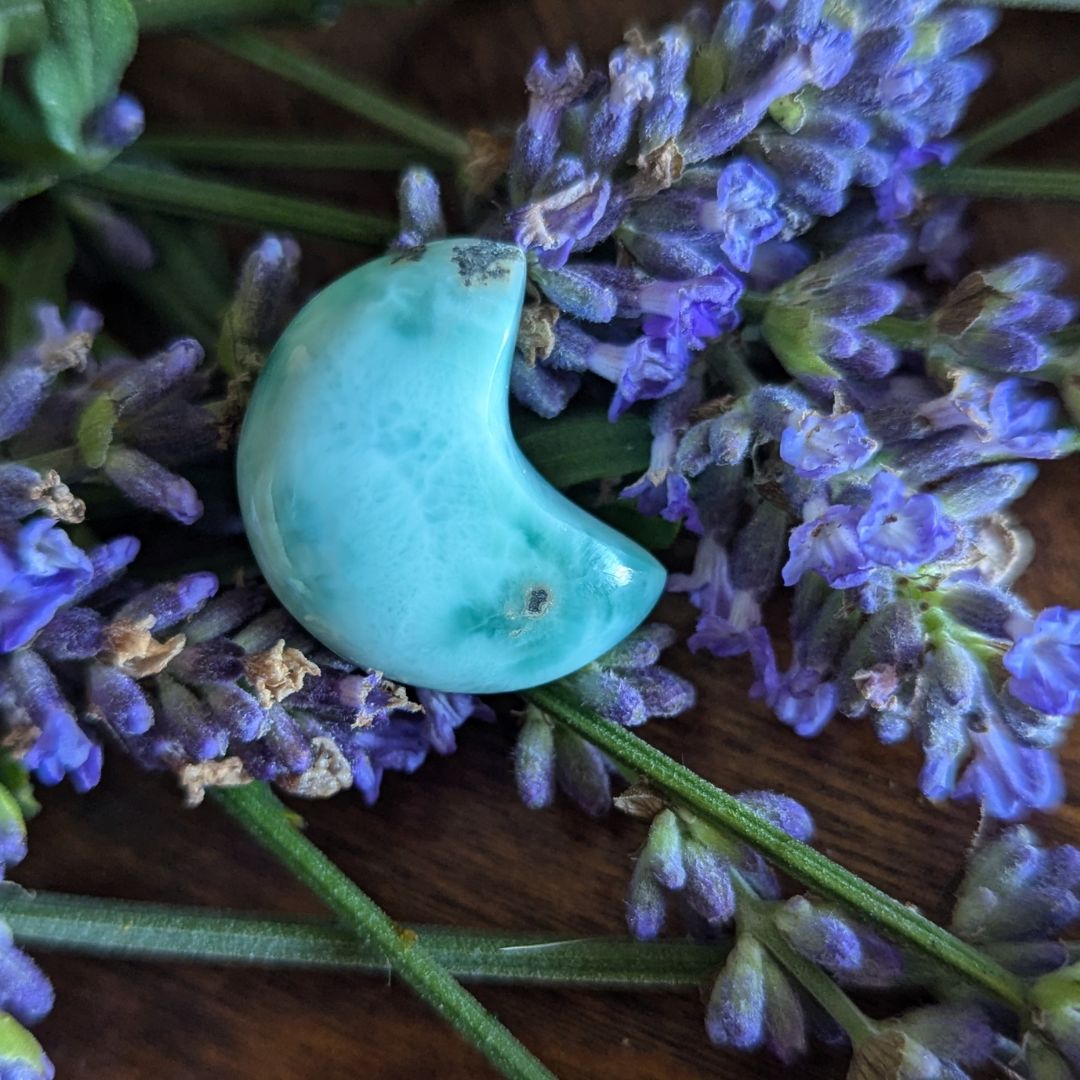 Crescent Moon Grade A Larimar Heart Carving Mini from the Dominican Republic ~ Feminine Water Energies