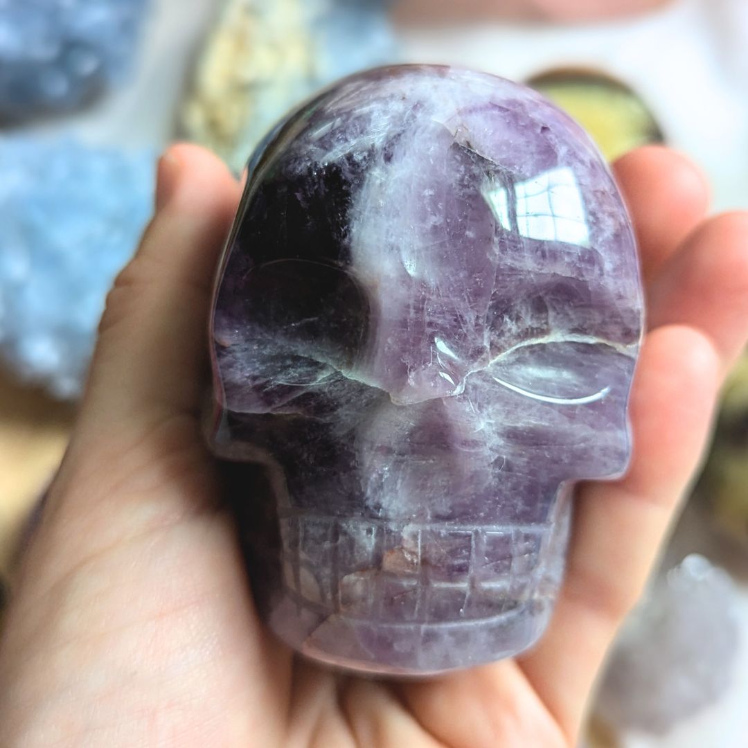 Purple Amethyst Skull Carving with Third Eye from Brazil
