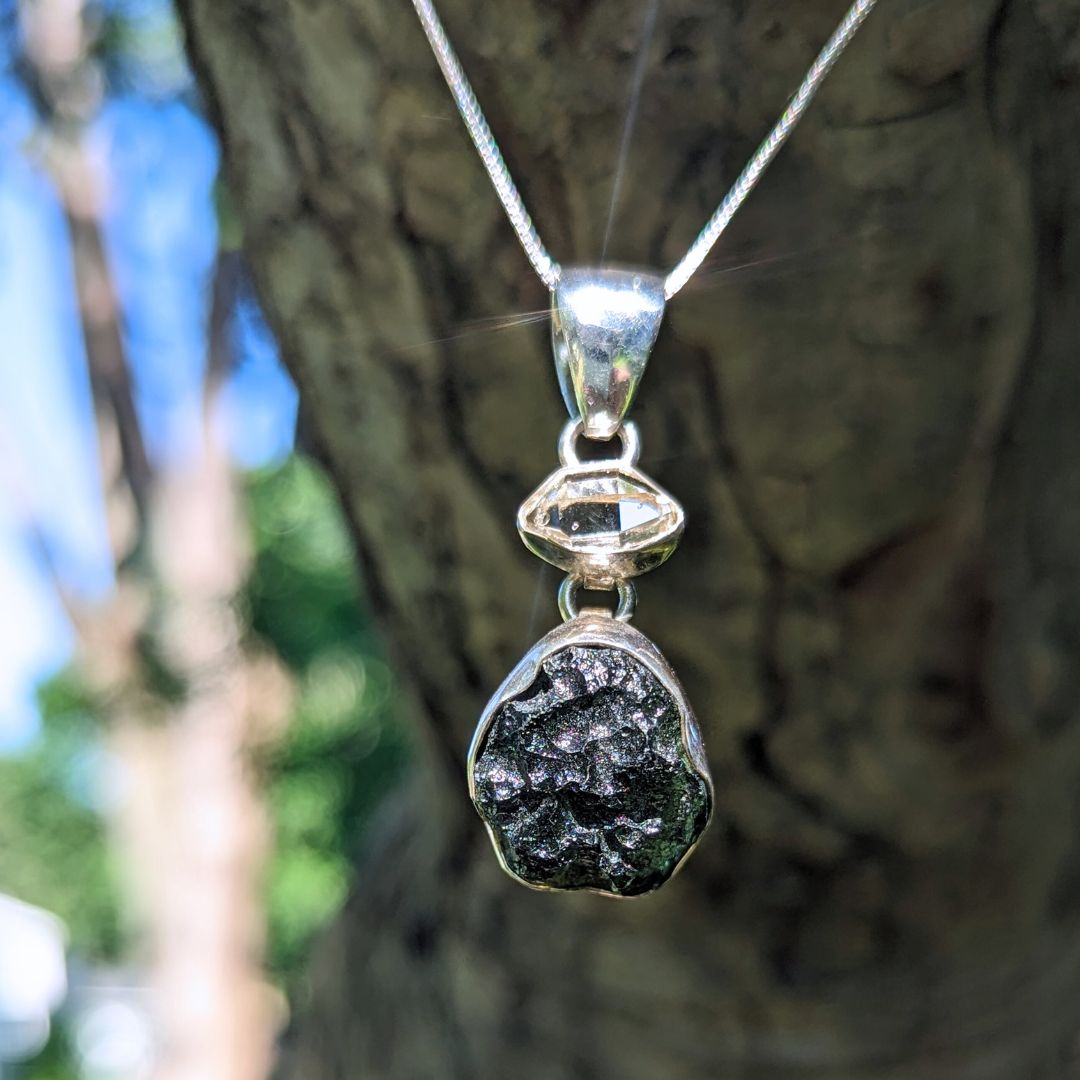 Genuine Moldavite Tektite and Herkimer Diamond Pendant and Necklace