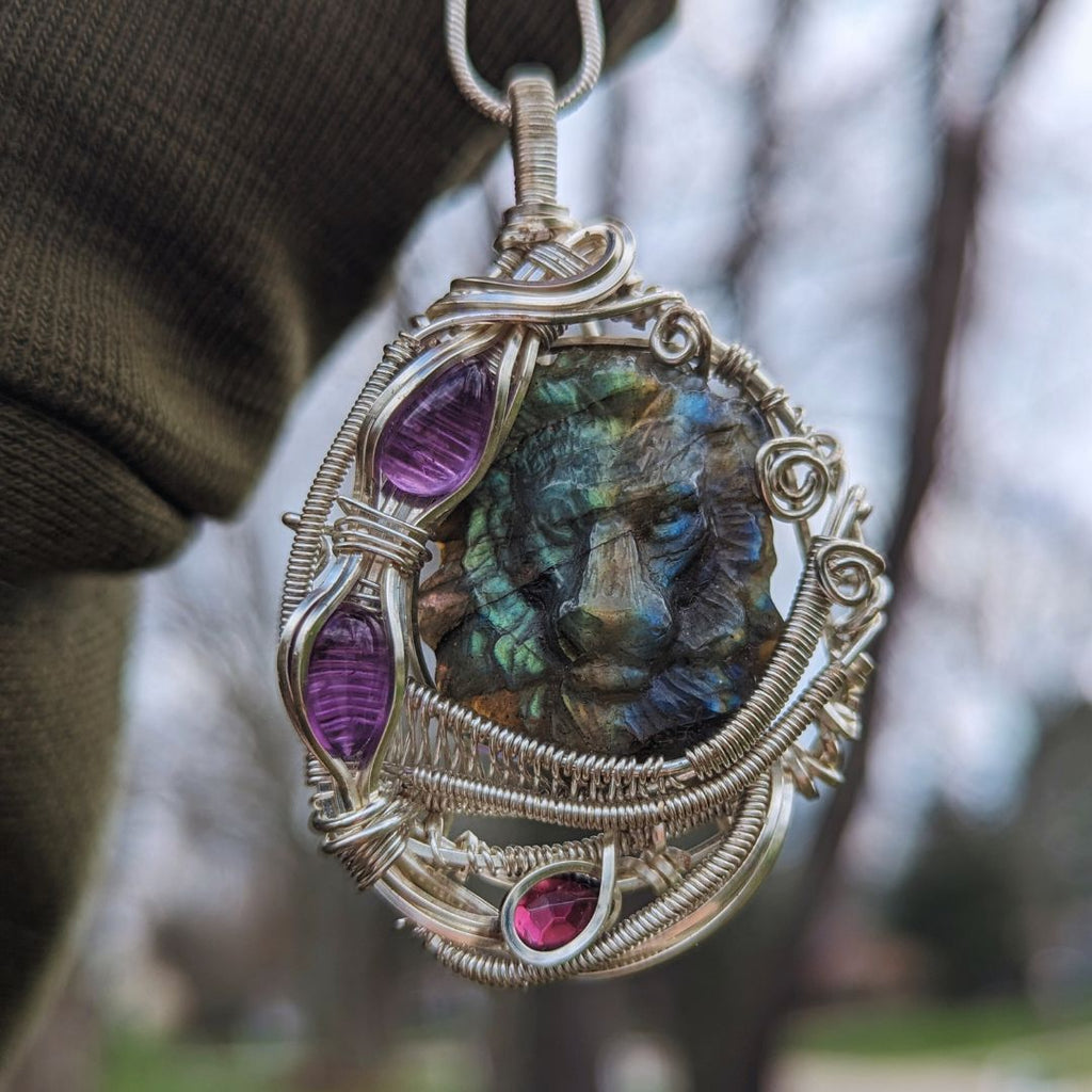 Labradorite Talisman Lion Pendant with Amethyst and Garnet ~ Gorgeous Flash and Astral Protection Qualities ~ Includes Silver Chain - Earth Family Crystals