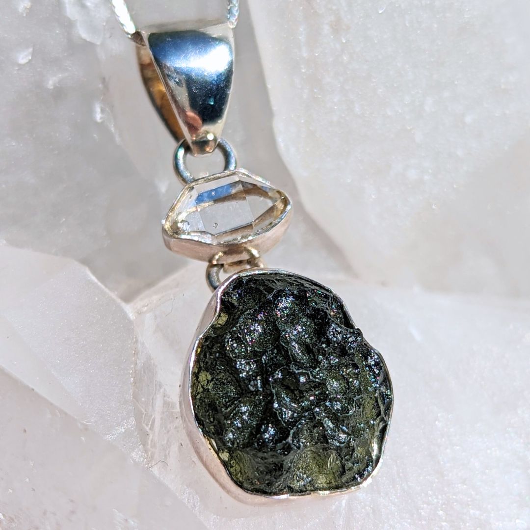 Genuine Moldavite Tektite and Herkimer Diamond Pendant and Necklace