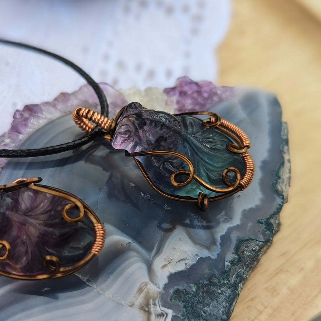 Fluorite Koi Pendants ~ Symbol of Strength and Vitality~ Includes Necklace Cord ~ Wire Wrapped Antique Copper - Earth Family Crystals