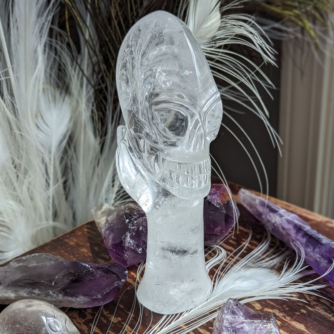 AMAZING BRAZILIAN QUARTZ CARVING~ Mystical Hand with Alien Skull ~ Intricately hand carved in Brazil ~ Luxury Display Quartz Crystal Carving - Earth Family Crystals