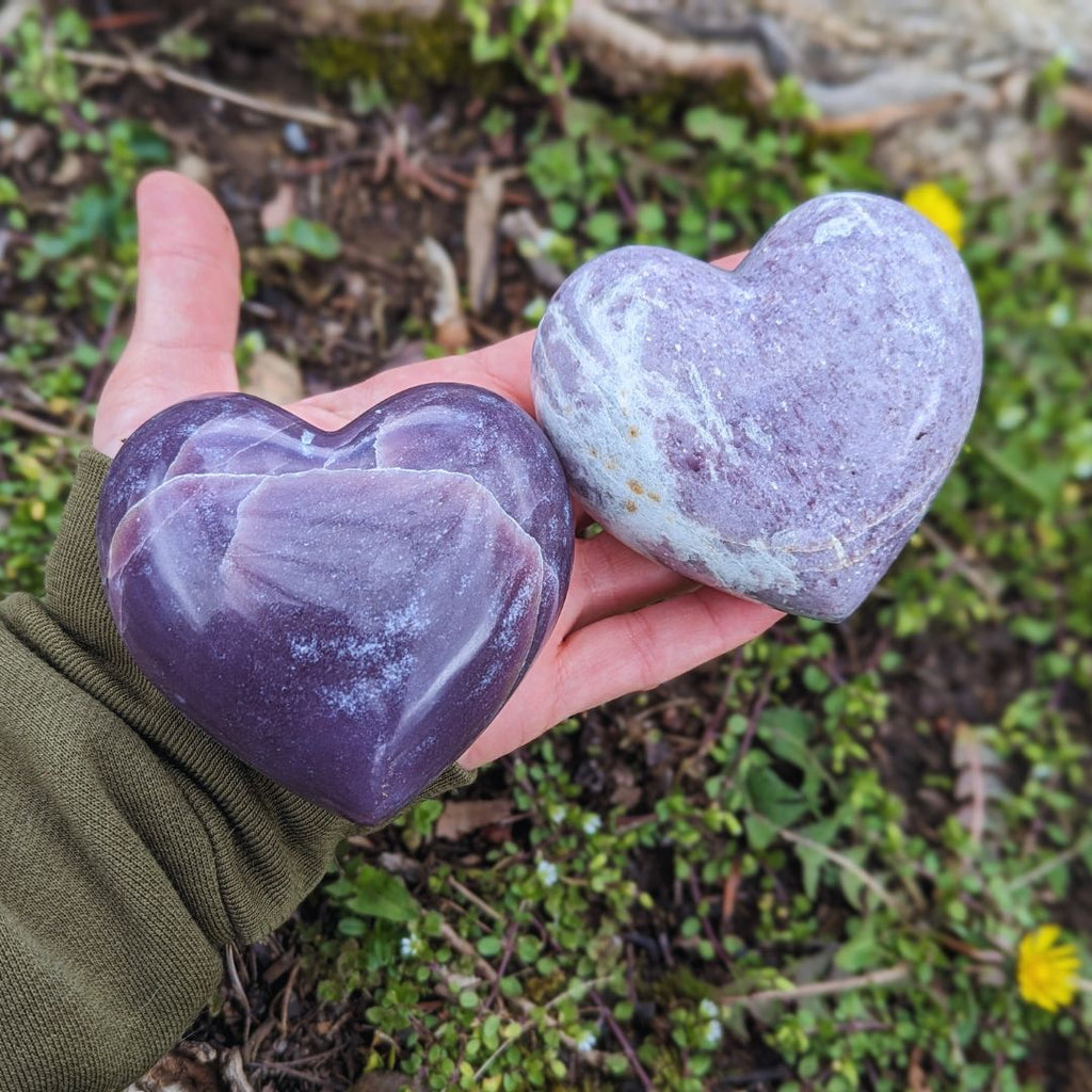 Lavender Purple Mica Lepidolite Sparkling Heart Carvings ~ Large ~ from North Dakota, USA - Earth Family Crystals