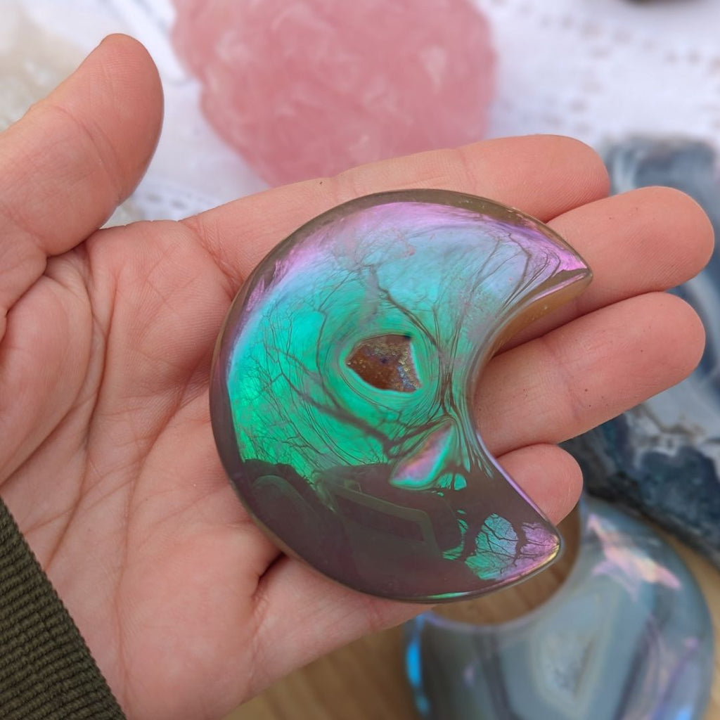 Angel Aura Druzy Agate Crescent Moon Carvings~ Adorable, Uplifting Palm Size Crystal Carvings - Earth Family Crystals