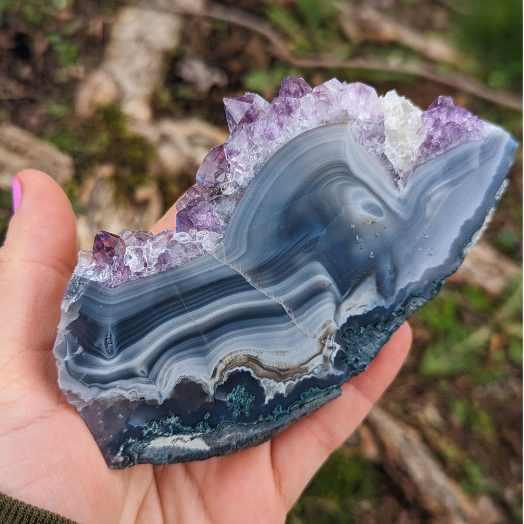 Amethyst Cluster Slice with Agate Banding, Includes Calcite ~ Dazzling Energies for Opening your Third Eye - Earth Family Crystals